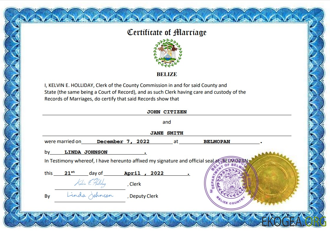 Modèle Word et PDF de certificat de mariage du Belize